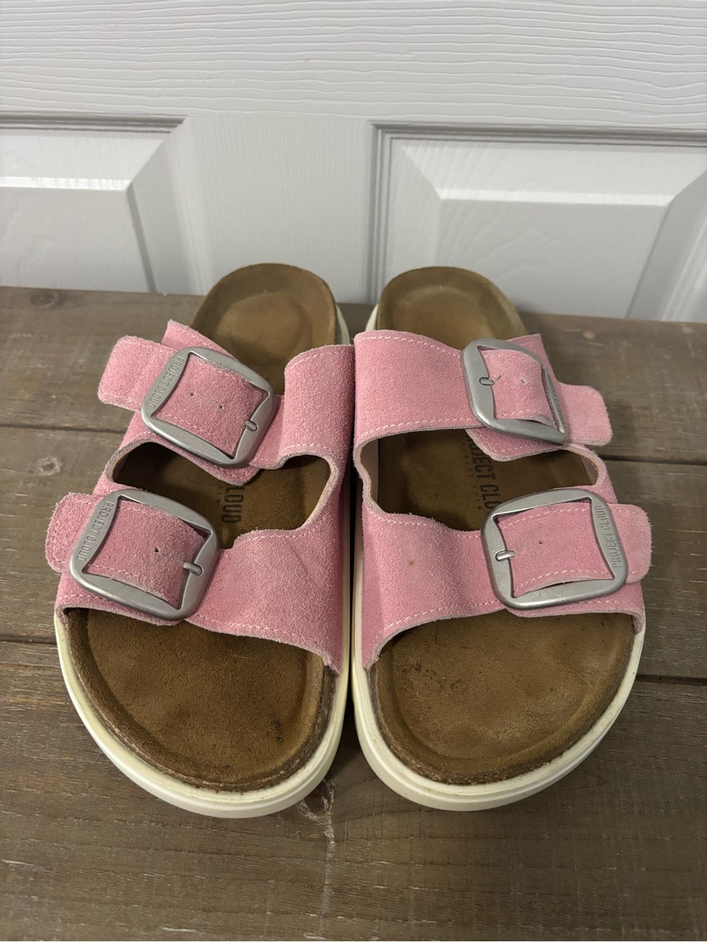 Women’s Pink Double-Buckle Suede Slide Sandals